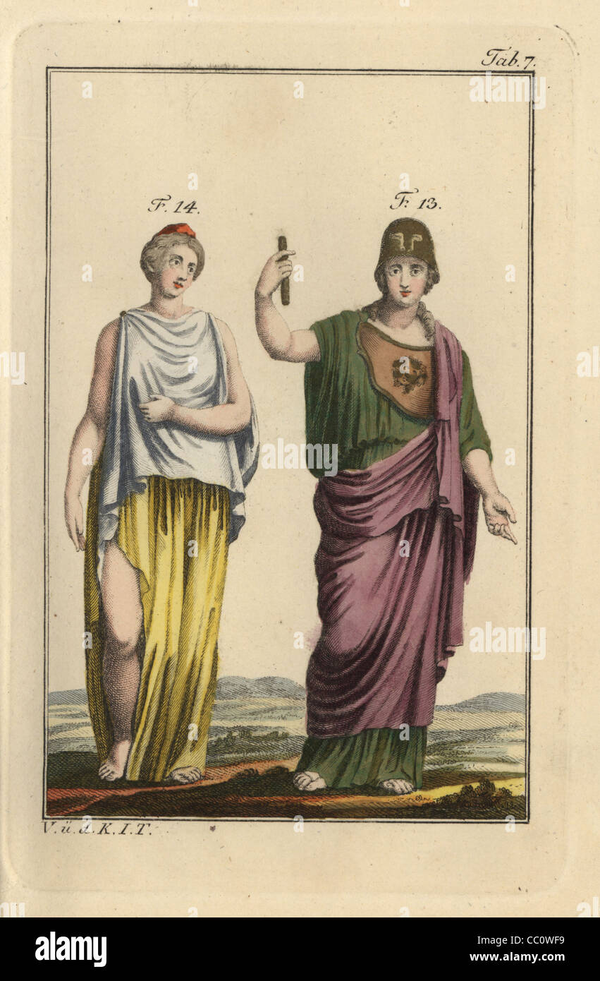 Pallas Athene in Unterwäsche (Stolla) und Mantel (Pallium) und spartanischen Mädchen in Überkleid und offene Rock. Stockfoto