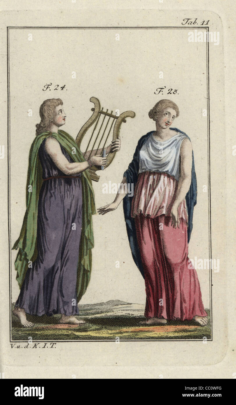 Kaiser Nero spielt eine Harfe und Frau in griechischen Mantel, Peplos. Stockfoto