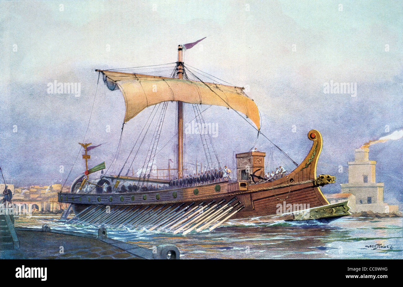 Römische Galeere, Kriegsschiff, Holzschiff oder Schlachtschiff. Gemälde von Albert Sebille, c1930 Stockfoto