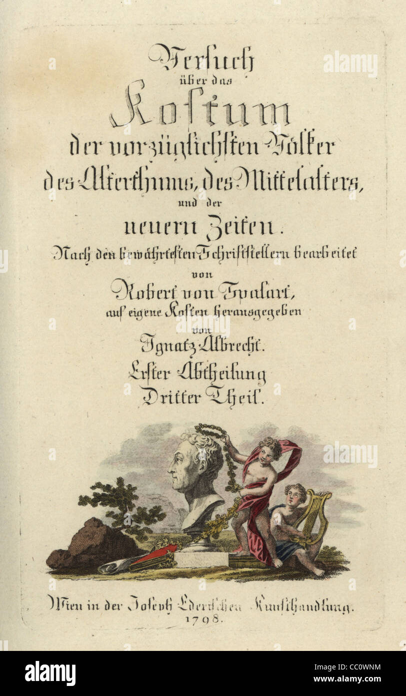 Kalligraphische Titelseite, Band 1, Band 3, mit einem Putto krönt eine Büste mit Lorbeerkranz und anderen spielen eine Lyra. Stockfoto