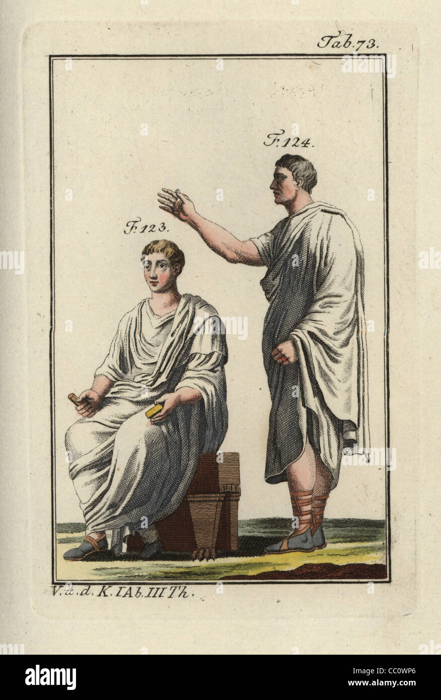 Kaiser Augustus (sitzend) und eines römischen Adligen in Togen. Stockfoto