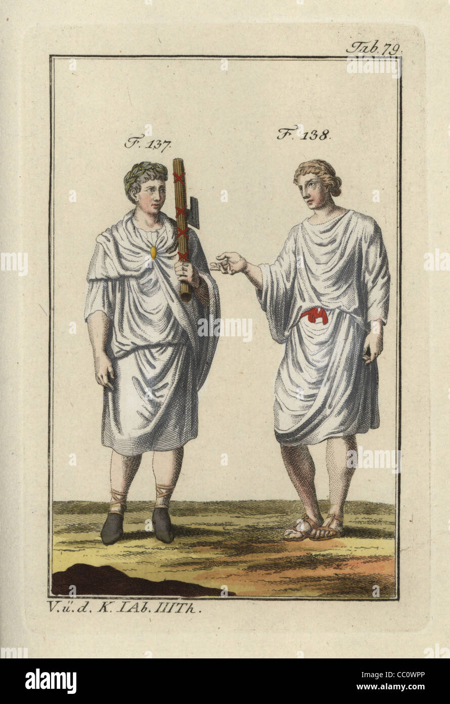 Roman Lictor mit Liktorenbündel (Beil) und ein römischer Mann in der Tunika. Stockfoto