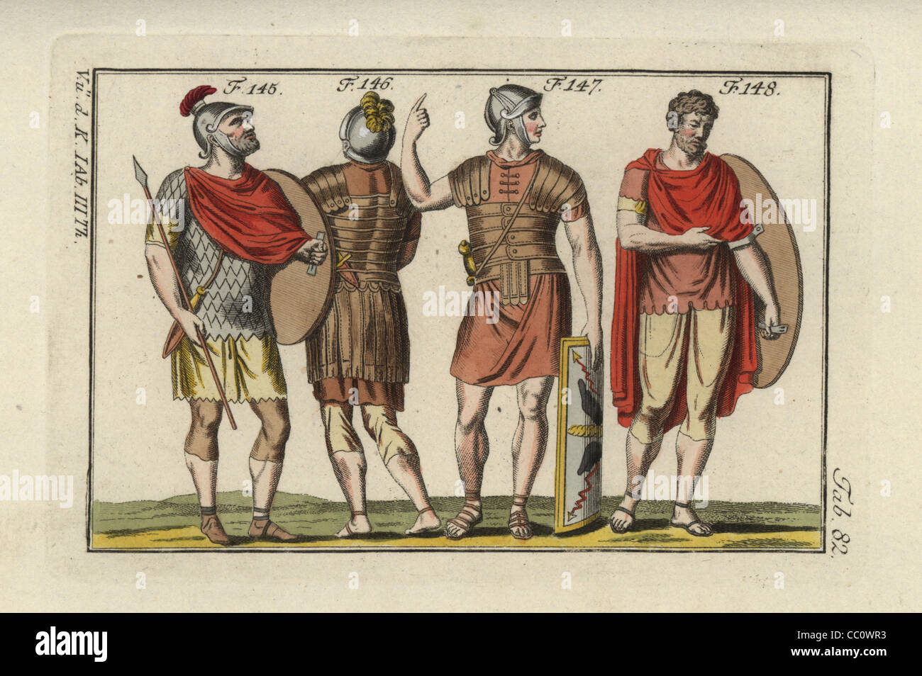 Römische Soldaten in verschiedenen Arten von Rüstungen und zeigte. Stockfoto