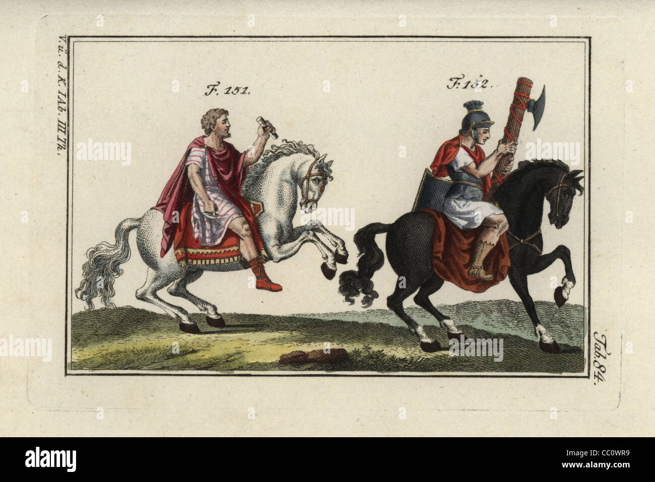 Kaiser Marcus Aurelius auf dem Pferderücken, und eine berittene Liktor mit Liktorenbündel (Beil). Stockfoto