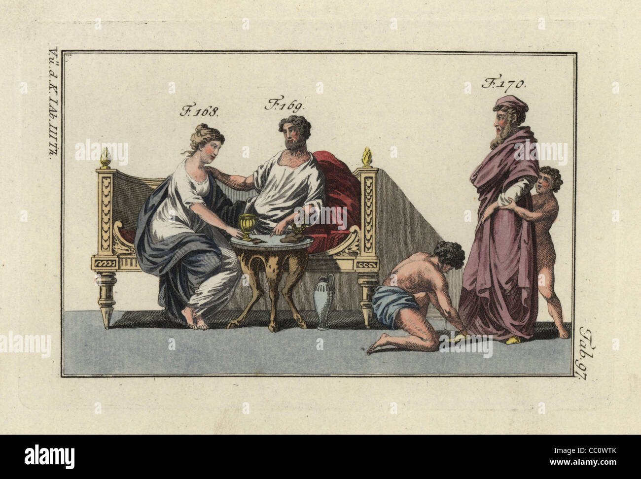 Römische Ehepaar sitzt auf einem Sofa vor ein dreibeiniger Tisch. Stockfoto