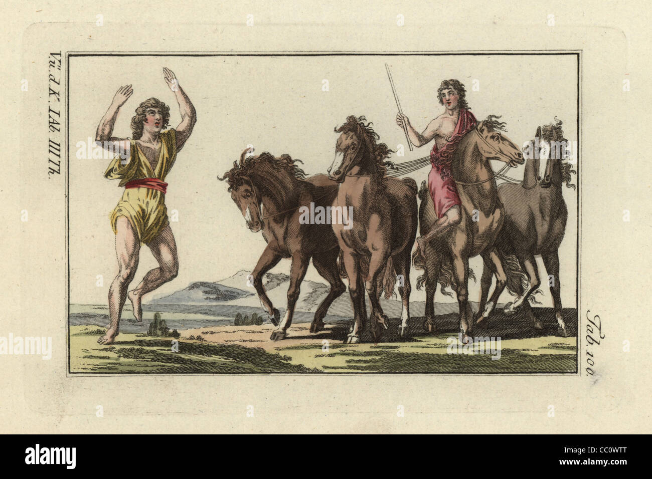 Römische Tänzer und Zirkus Reiter mit Team von vier Pferden. Stockfoto