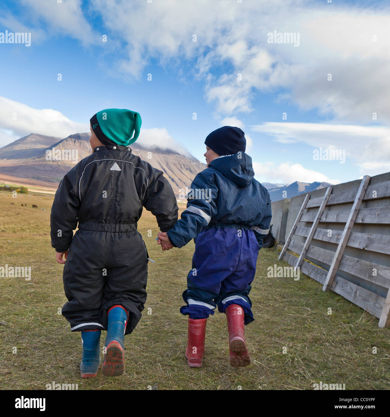 Junge Kinder Hand in Hand, Island. Kinder genießen die Natur während der jährlichen Pferd sammeln-Islands Stockfoto