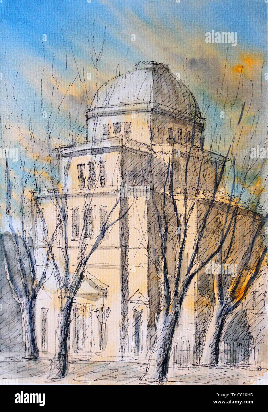 Aquarell der römischen Synagoge, Rom, Italien. Handgefertigt. Ich malte dieses Bild im Jahr 2003. Stockfoto