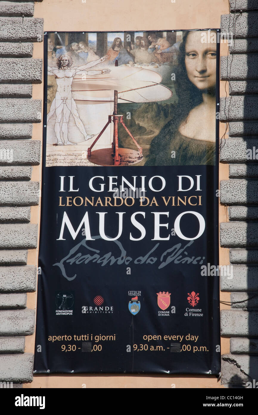 Leonardo da Vinci Museum Poster in die Piazza del Popolo, Rom, Italien Stockfoto