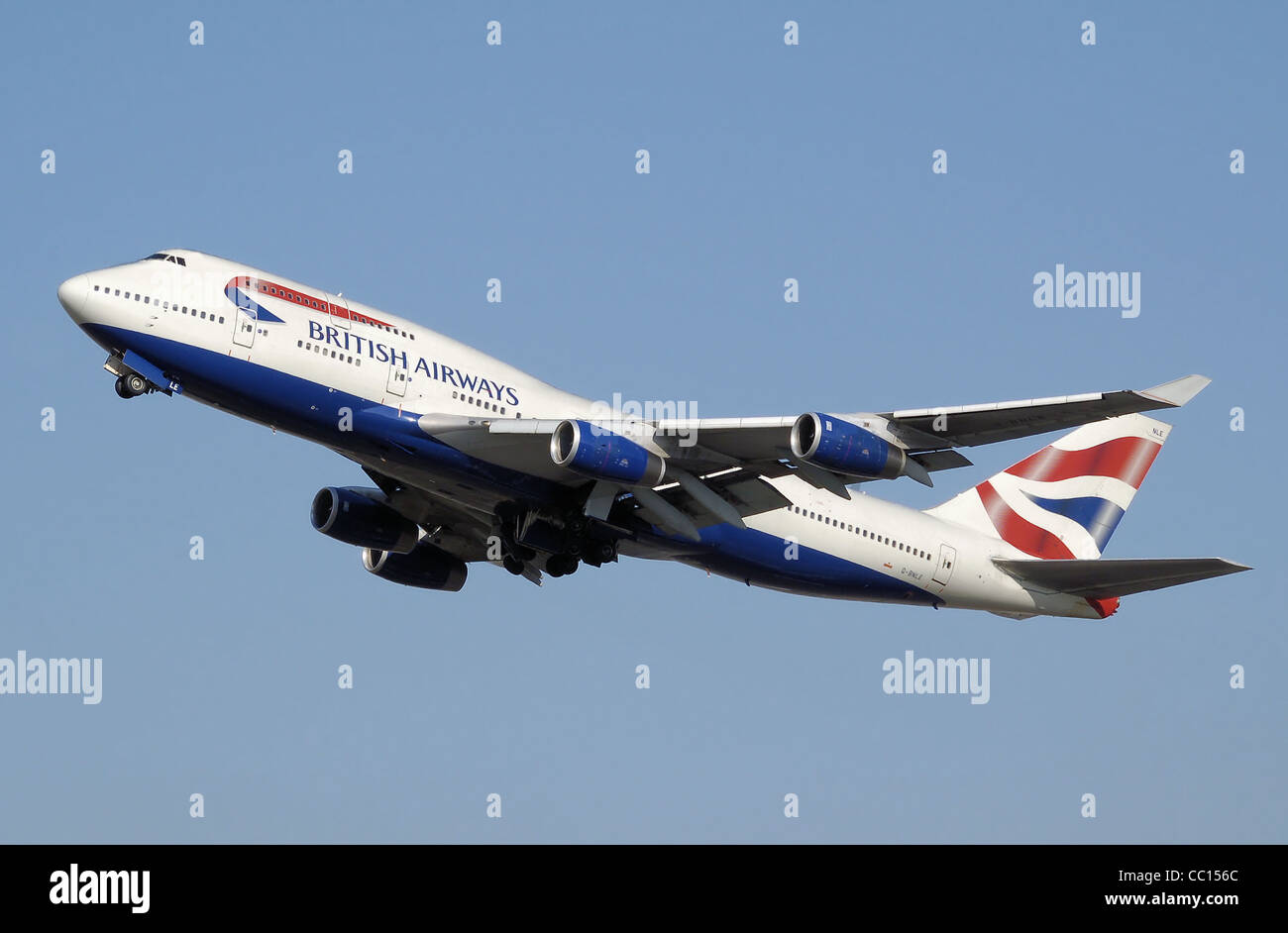 British Airways Boeing 747-400 (G-BNLE) startet vom Flughafen London Heathrow, England. Stockfoto