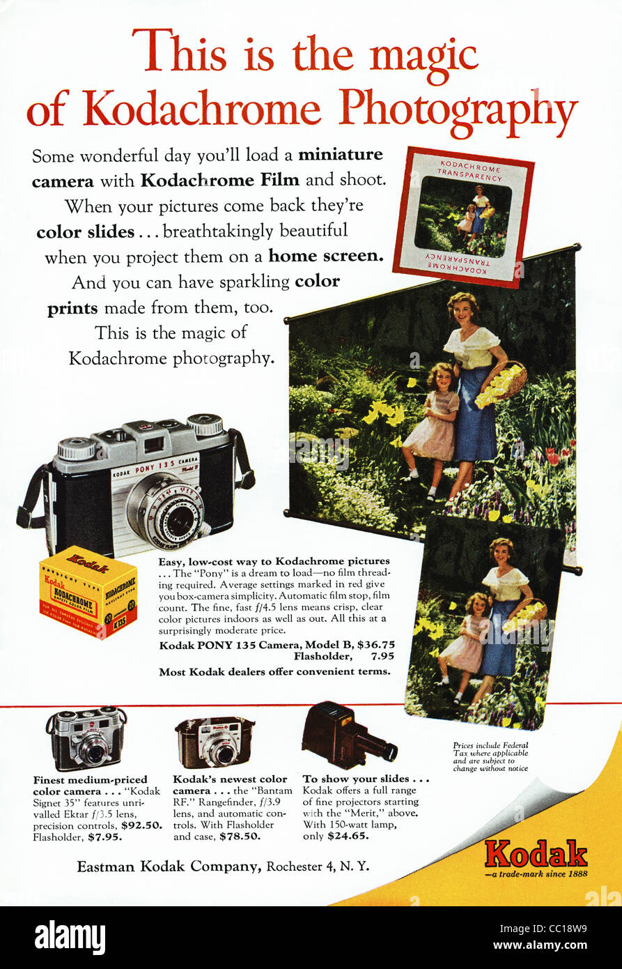 KODAK-Werbung Werbung KODACHROME Dia Farbfilm im amerikanischen Magazin Anzeige ca. 1954 Stockfoto
