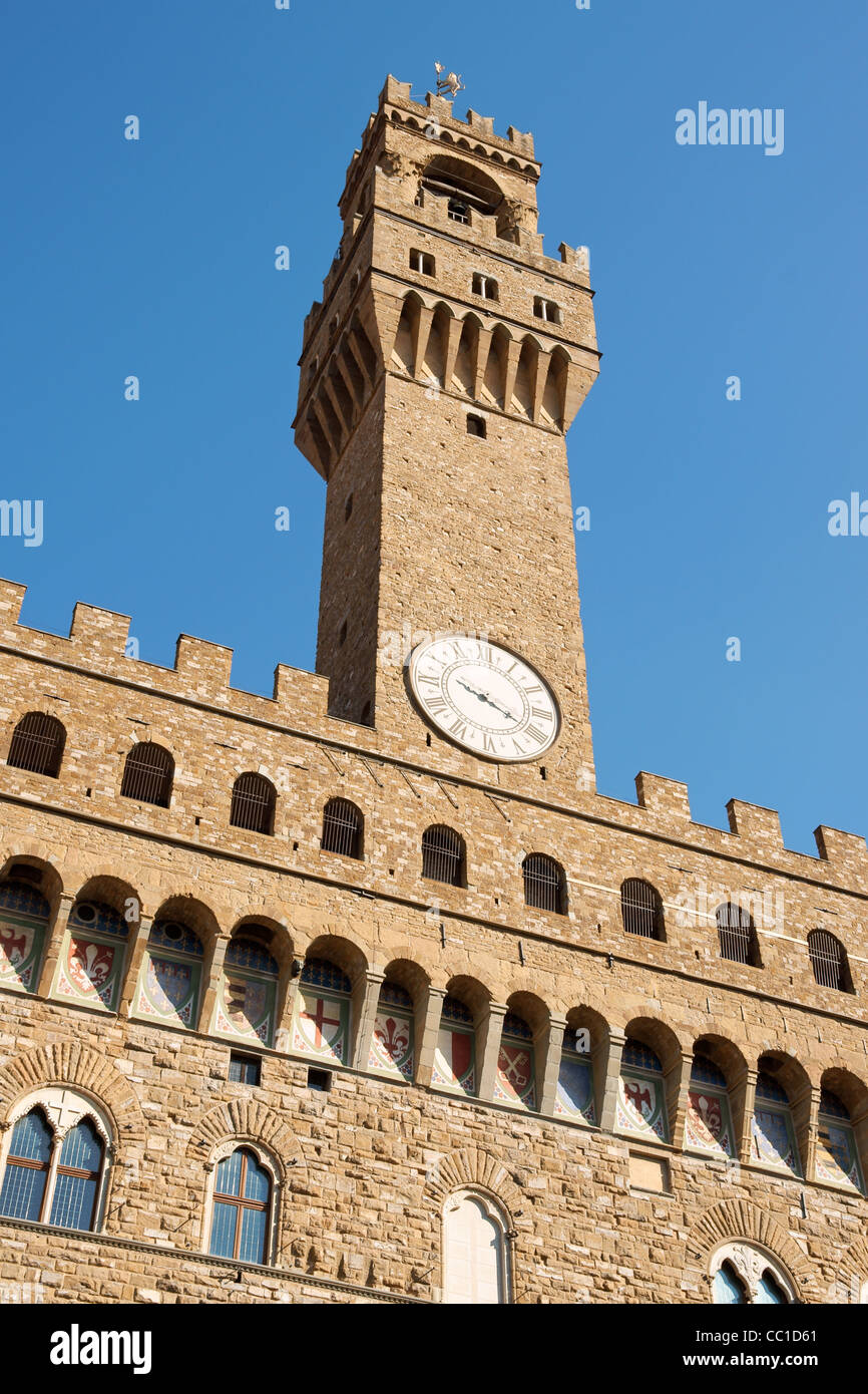 Detail des Palazzo Vecchio auf der Piazza della Signoria in Florenz. Dieser romanischen Palast ist ein Museum und das Rathaus von Florenz. Stockfoto