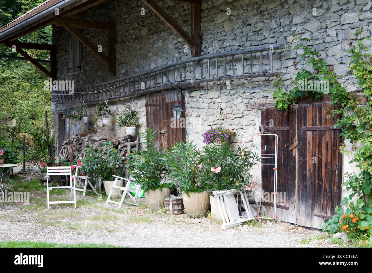 Rustikale französische Bauernhaus mit Leiter auf Wand Stockfoto