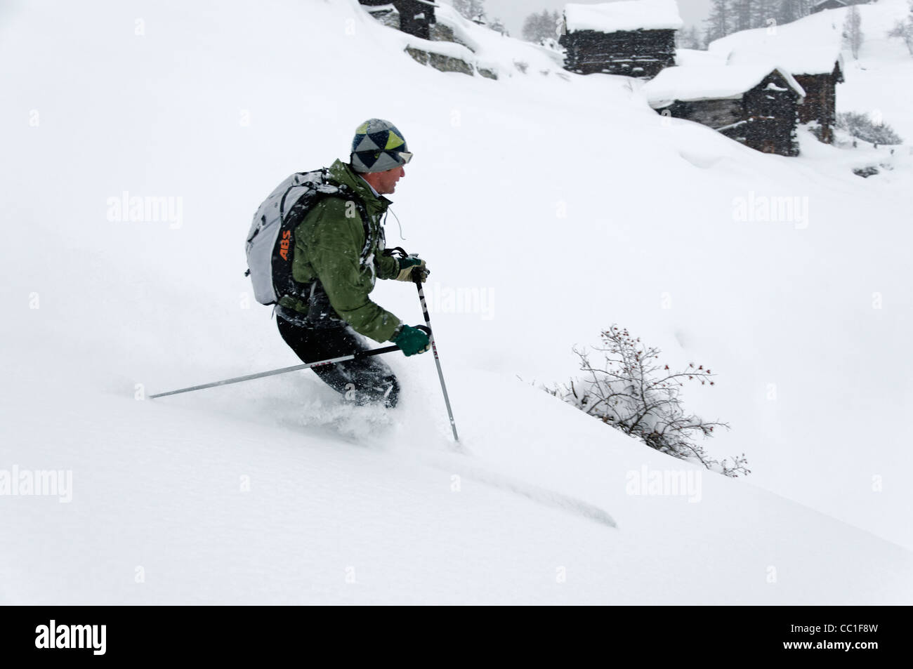 Schlechtem Wetter Tiefschneefahren Lannaz Schweiz Stockfoto