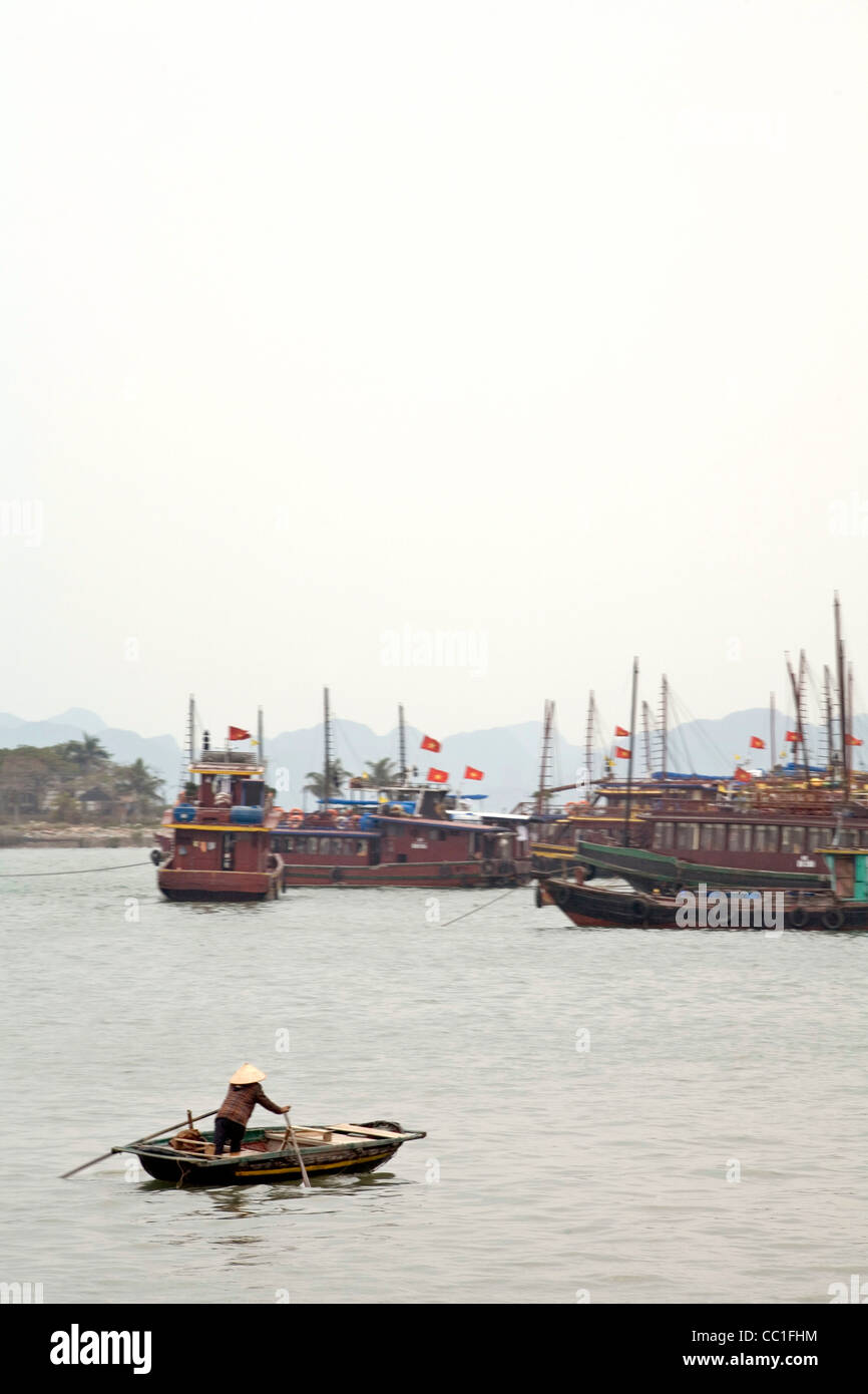 Ein Mann Zeilen in ein kleines Boot im Hafen in Ha Long Bucht, Vietnam... Stockfoto