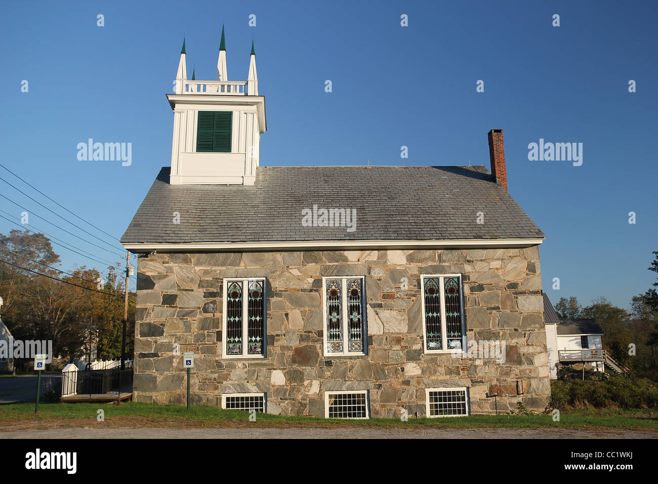 Die alte steinerne Kirche (1845 erbaut), Erste universalistischen Pfarrei, Depot Chester, Chester, Vermont, United States Stockfoto