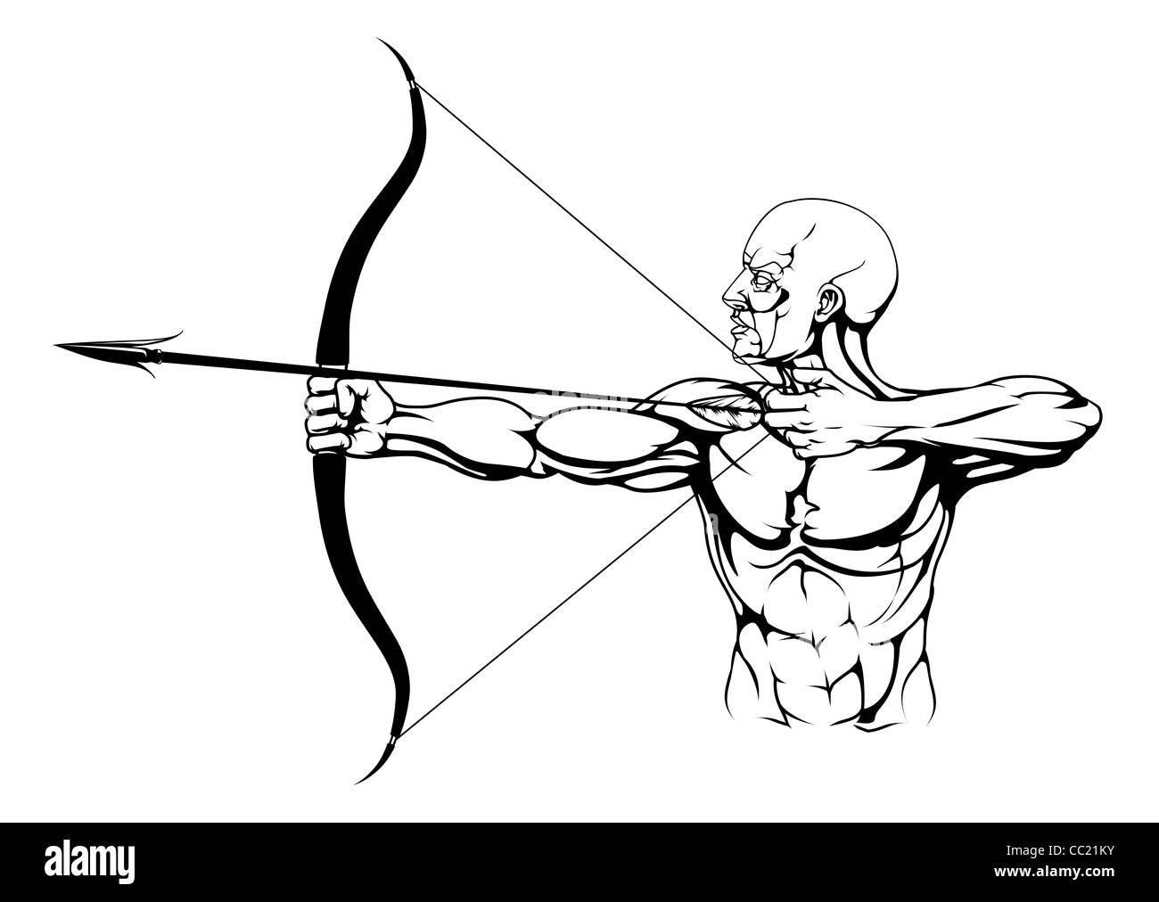 Abbildung von monochromen starke Bogenschütze mit Pfeil und Bogen Stockfoto