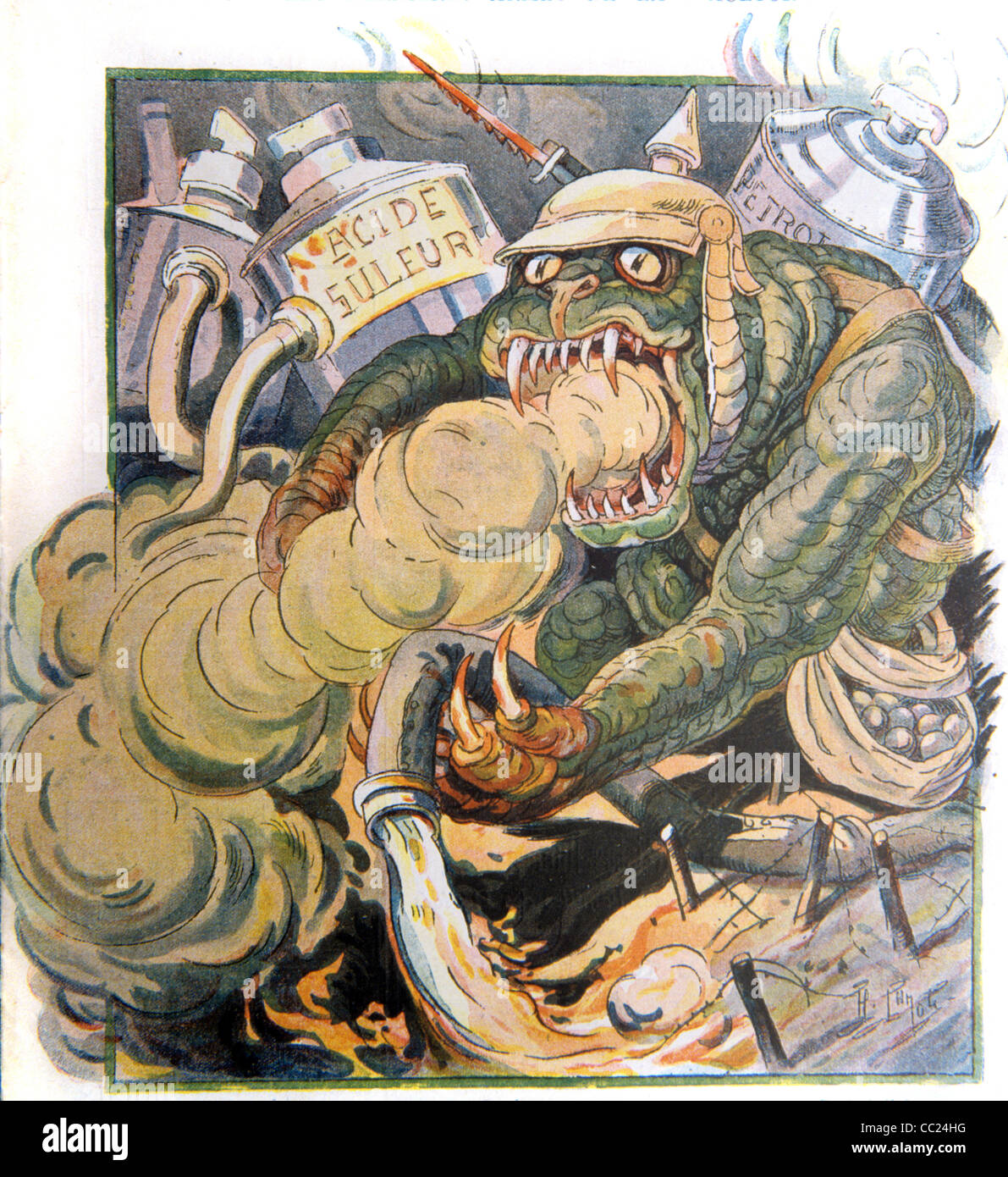 Chemische Waffen, biologische Kriegsführung oder Waffen. Deutschland Das Stinkende Biest. Erste Kriegspropaganda. Französisches Satiremagazin, Le Rire, 1915 Stockfoto