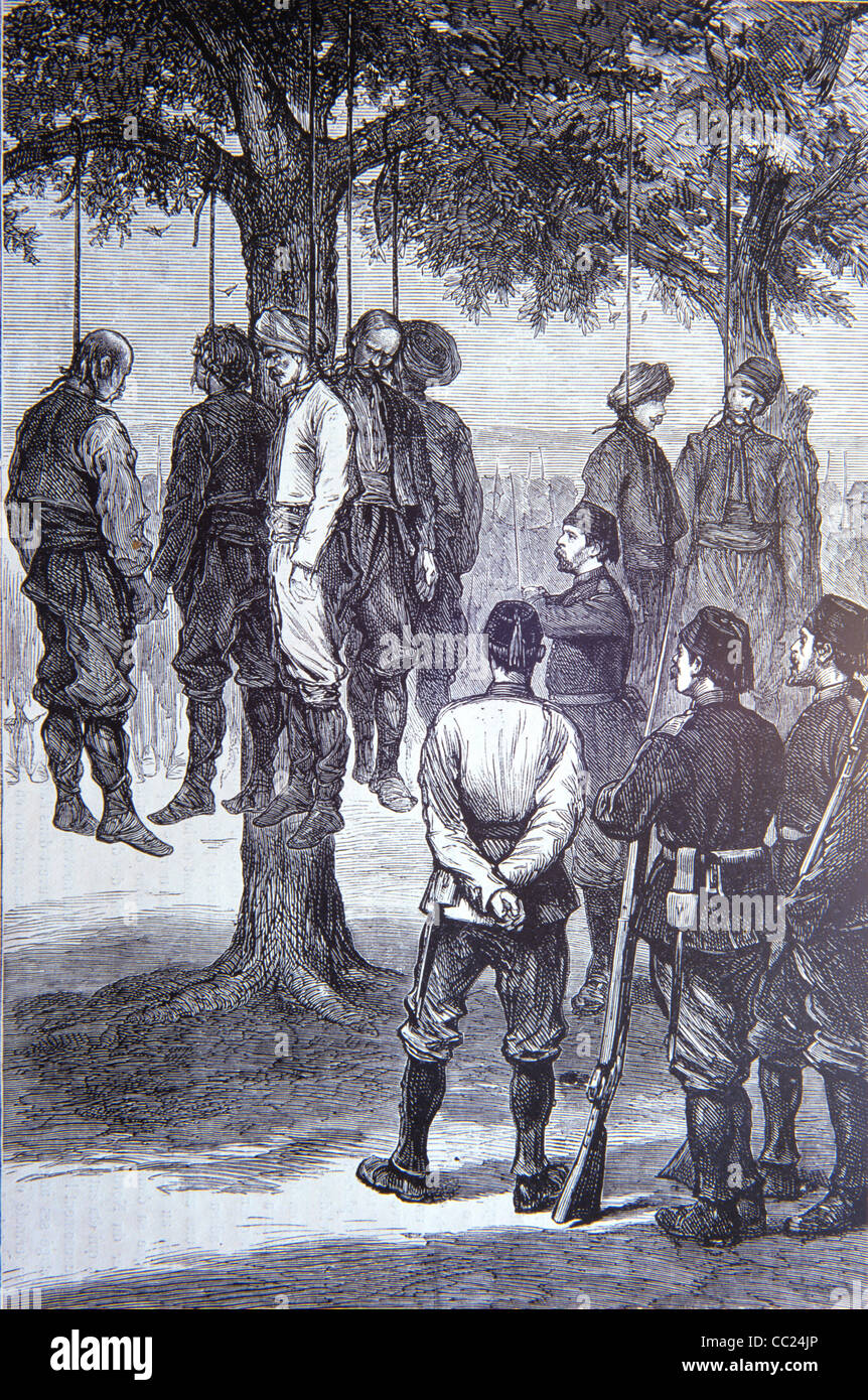 Russisch-Türkischer Krieg (1877-1878) Osmanische Türken oder türkische Soldaten hängen oder Lynch bulgarischen Gefangenen. Vintage Illustration oder Gravur Stockfoto