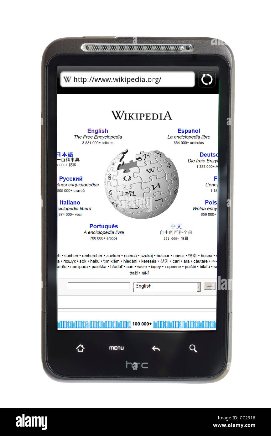 Wikipedia-Eintrag über ein HTC Desire HD Android-smartphone Stockfoto