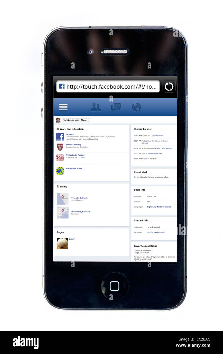 Mark Zuckerburg Homepage auf Facebook auf einem Apple iPhone 4 Stockfoto