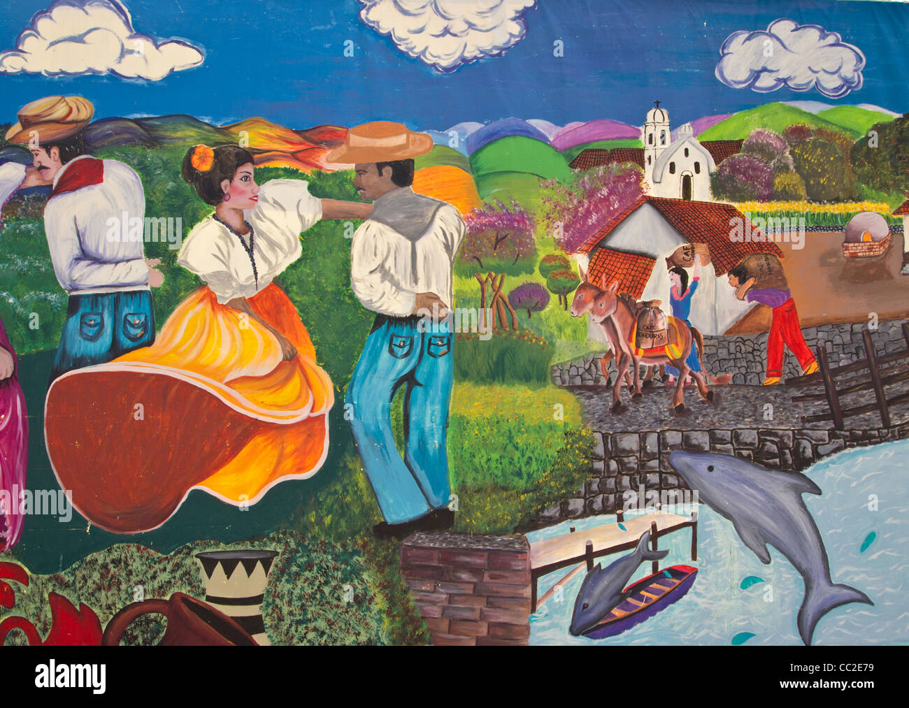 Wandbild von Menschen tanzen in Honduras Stockfoto