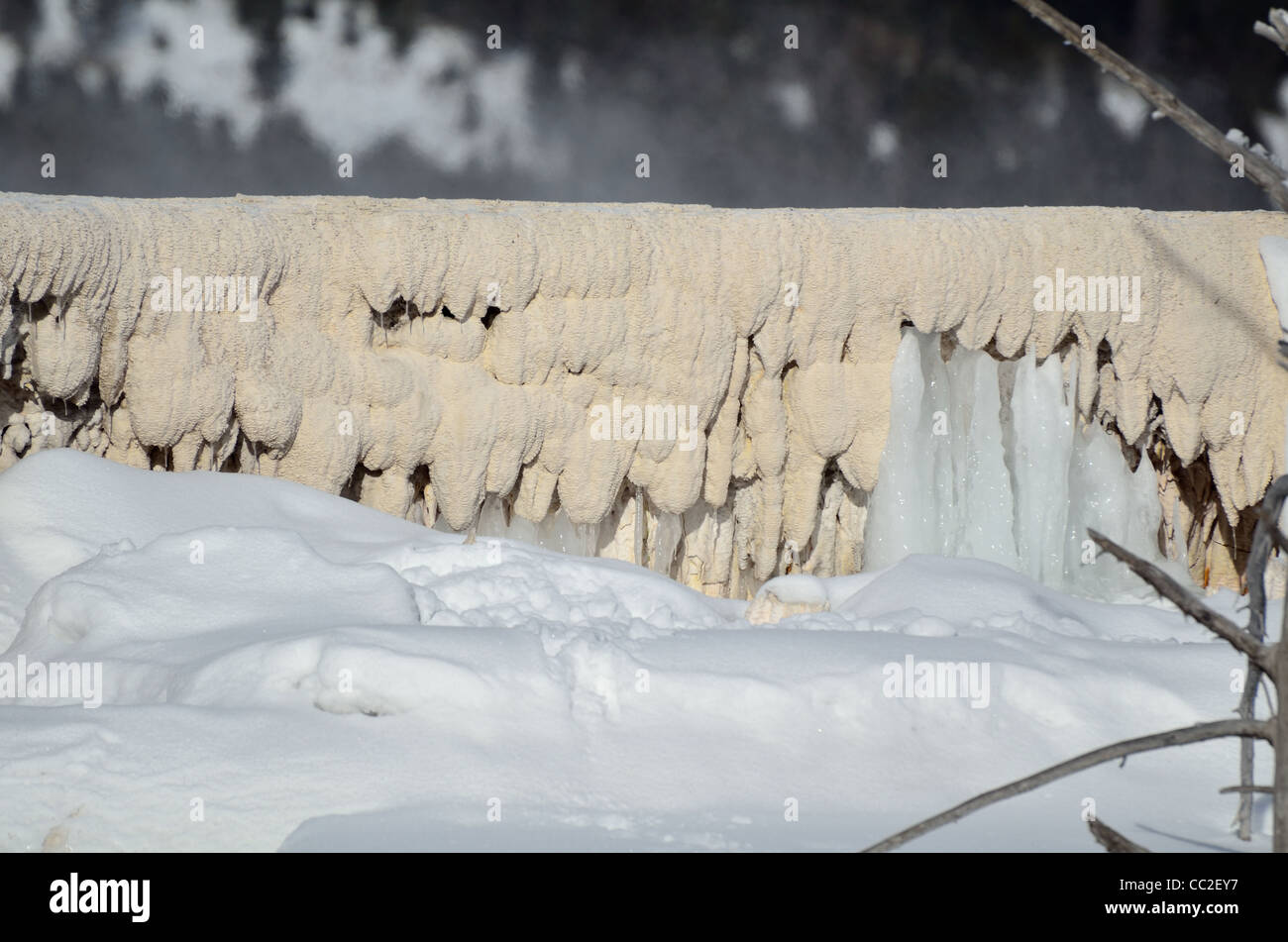 Nahaufnahme von einem Carbonat-Travertin-Einlagen mit Eis und Schnee. Mammoth Hot Springs, Yellowstone-Nationalpark, Wyoming, USA. Stockfoto