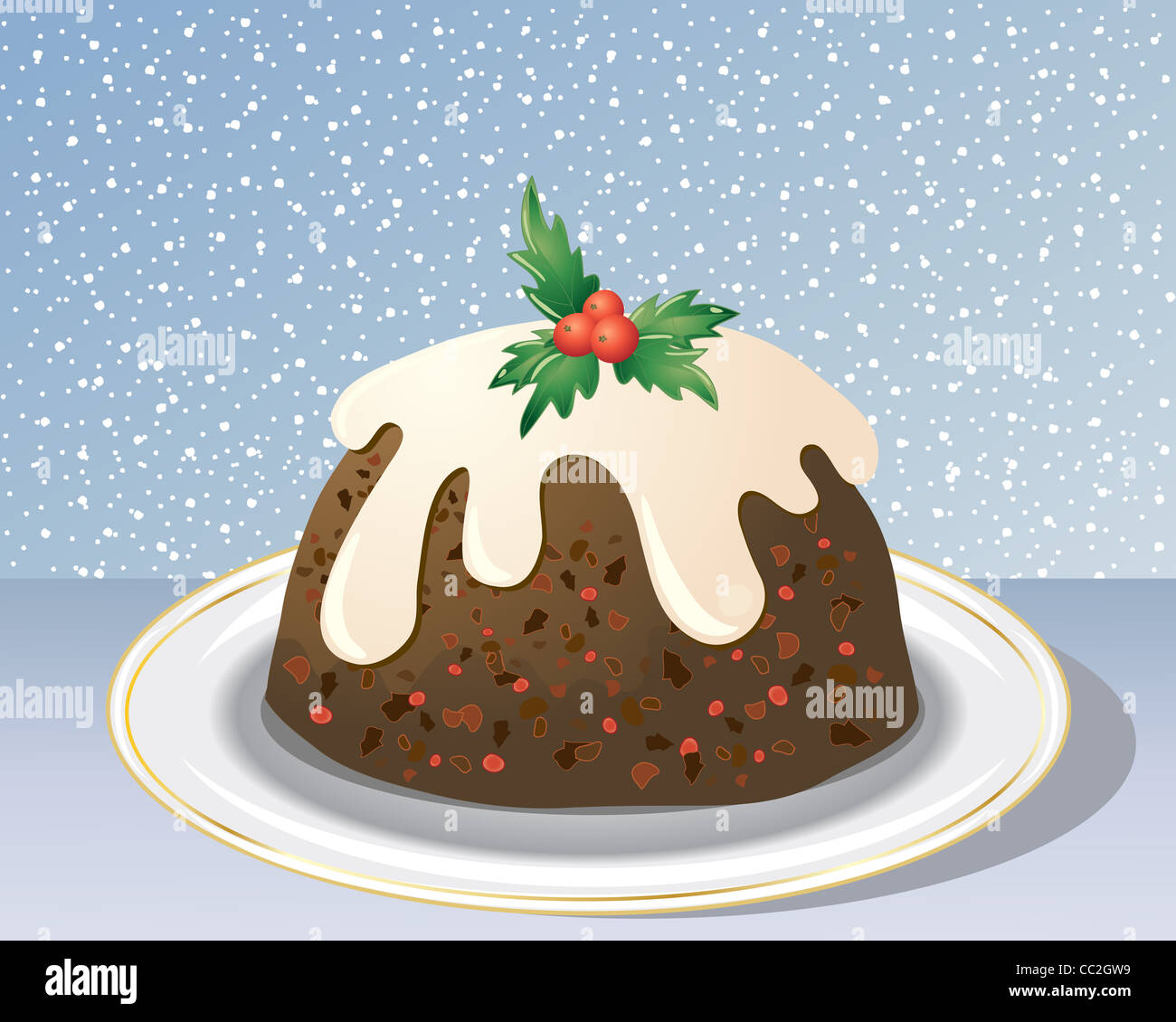ein Beispiel für ein traditionelles Christmas Pudding dekoriert mit holly Stockfoto