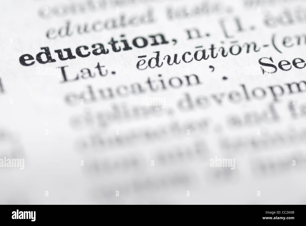 Flachen Dof Fokus auf Ausbildung in Englisch-Wörterbuch. Stockfoto