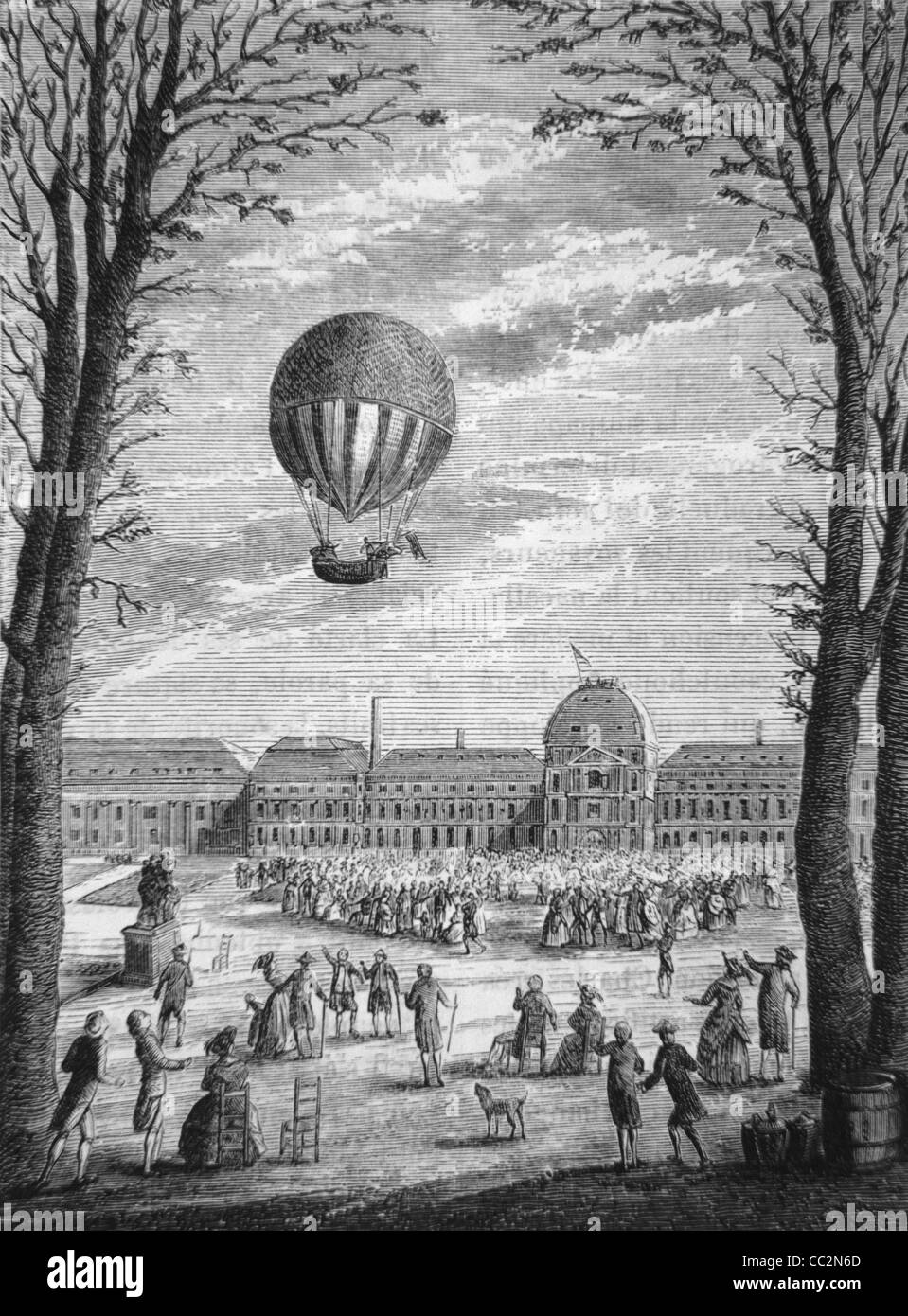 Erste Reise in Wasserstoff-Heißluft-Montgolfier-Ballon über Paris im November 1783. c19. Gravur oder Illustration Stockfoto