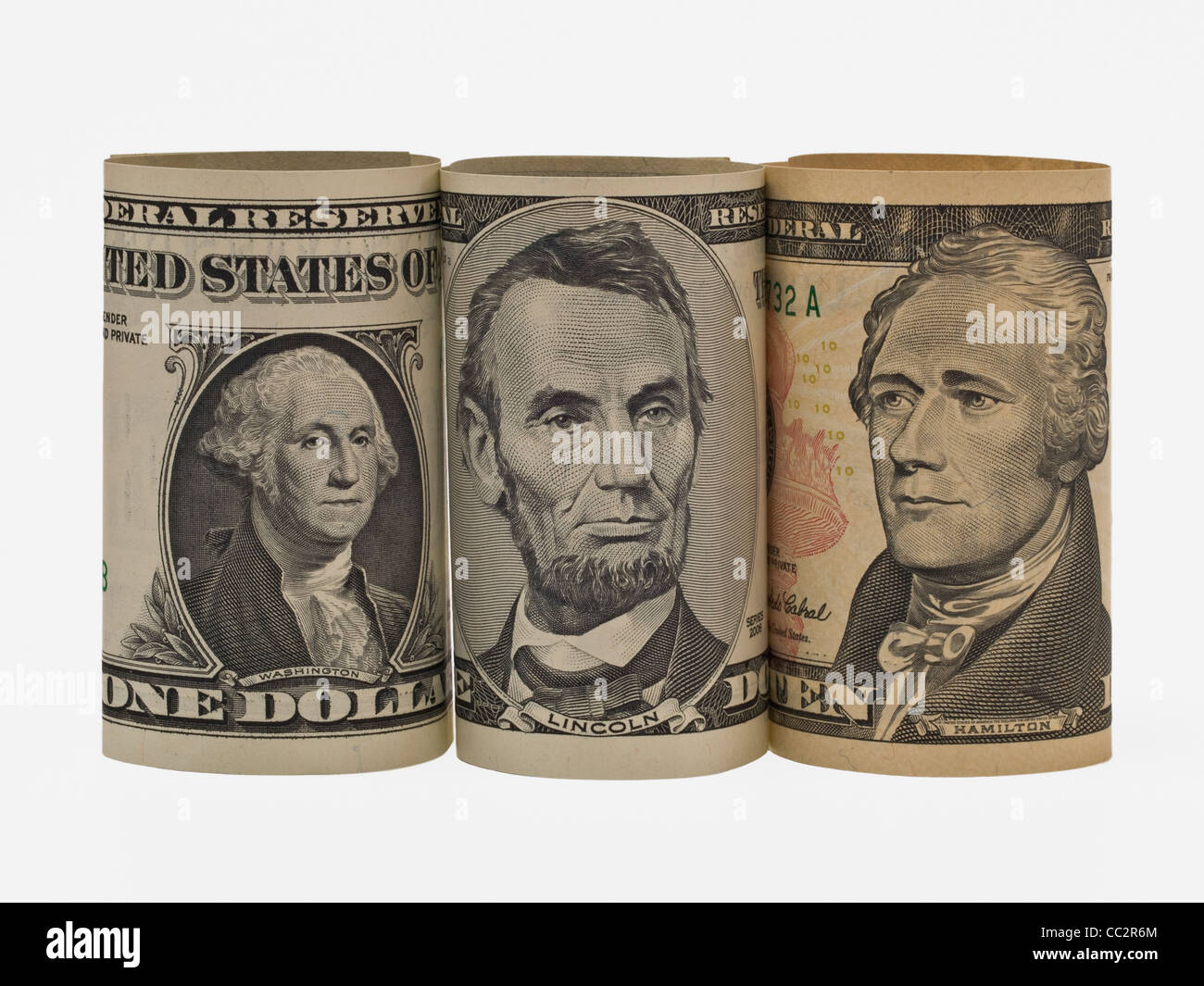 1 US-Dollar, ein 5 US-Dollar und 10 US-Dollar-Banknote aufrecht und rollte Stockfoto