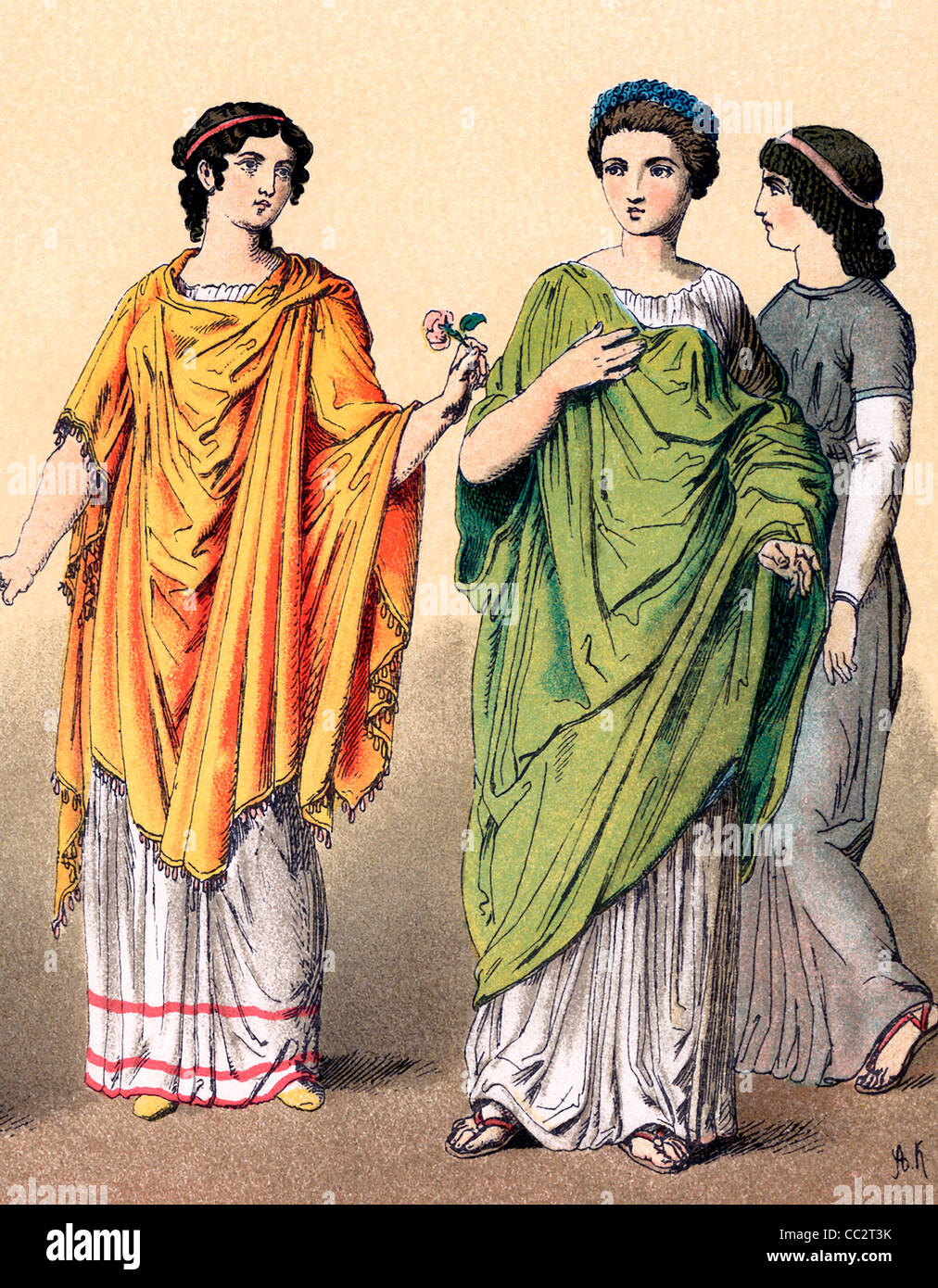 Kleid der römischen Frauen in späten republikanischen und kaiserlichen Zeiten (um 100 v. Chr. bis 100 n. Chr.). Beachten Sie die Frisuren. Stockfoto