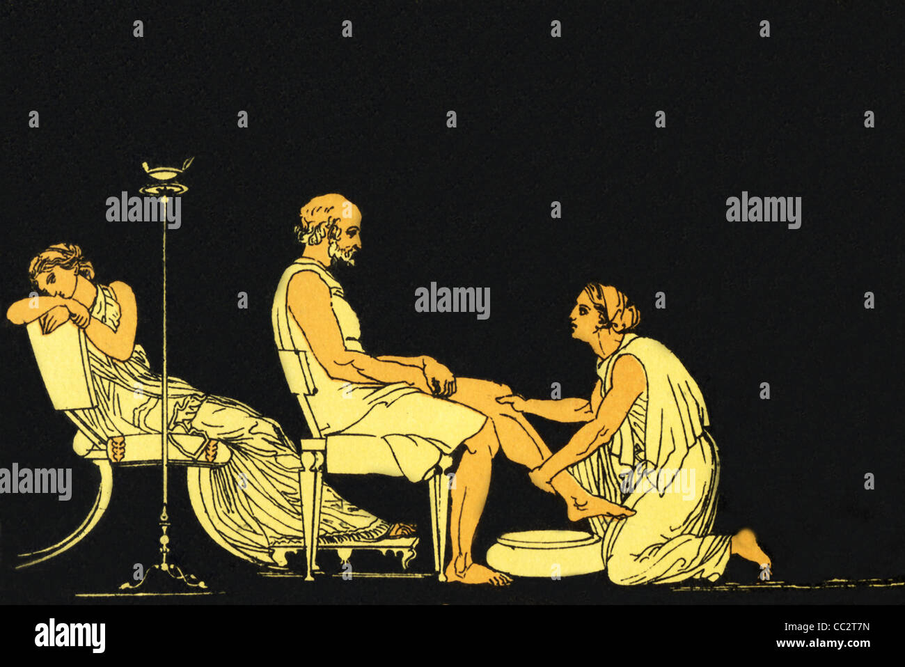 Eurycleia sieht auf der Bettler Bein eine Narbe und weiß, dass er wirklich Odysseus, Penelope ist auf der linken Seite. Stockfoto