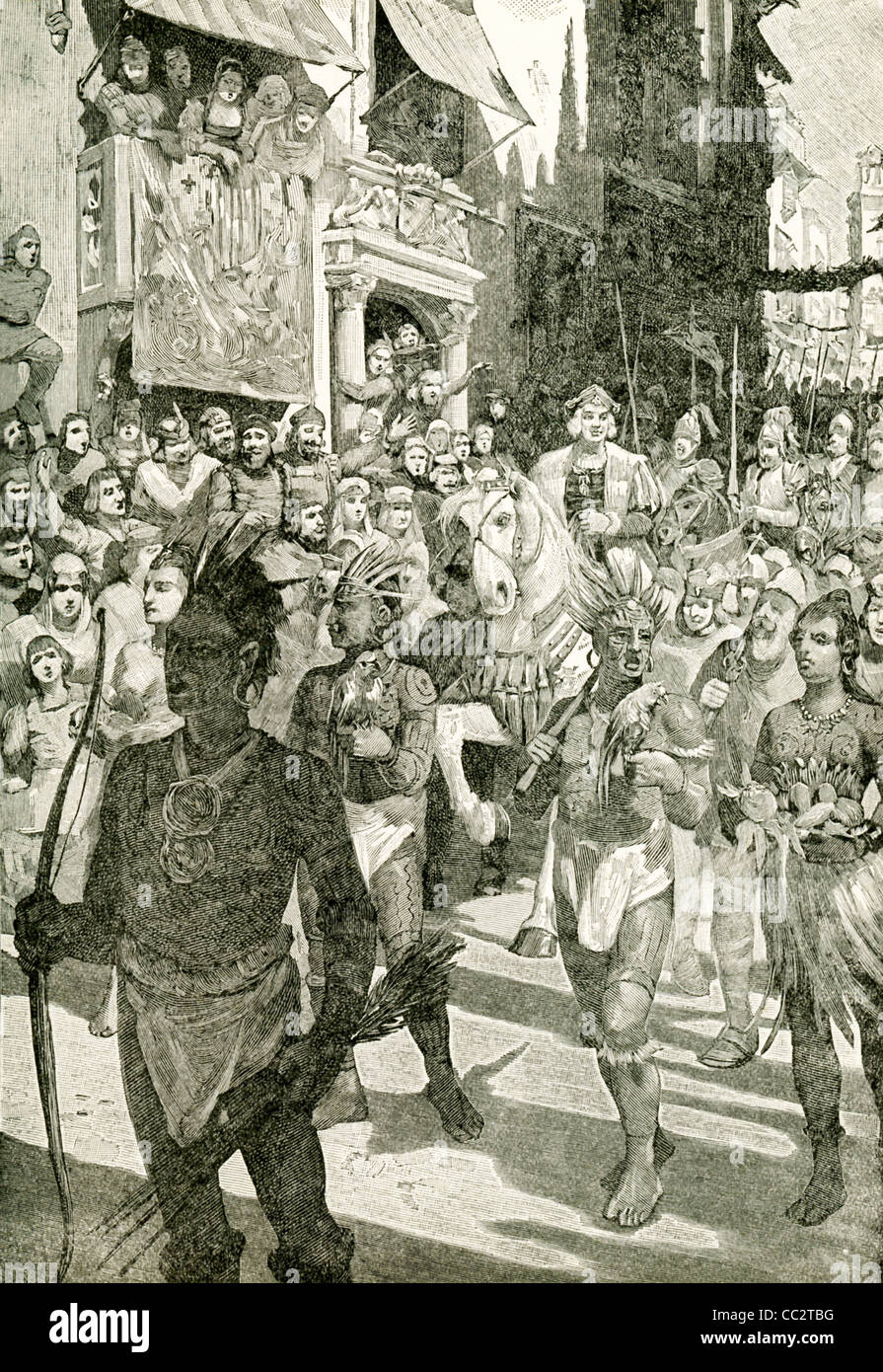 Christopher Columbus kehrte von seiner ersten Reise in die neue Welt nach Palos, Spanien am 15 März 1493. Alle kamen um ihn zu begrüßen Stockfoto