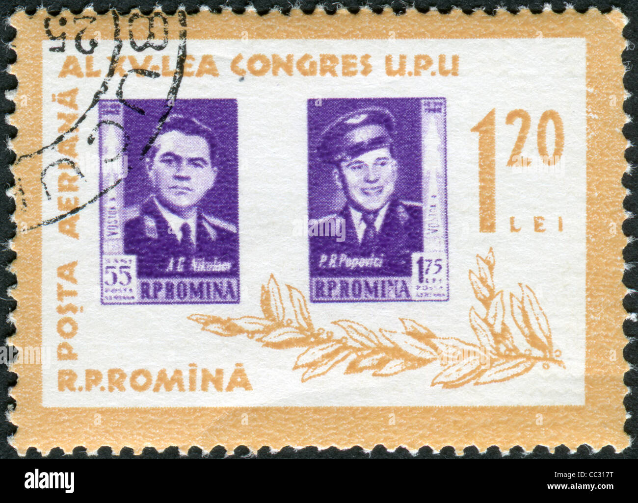 Eine Briefmarke gedruckt in Rumänien, porträtiert sowjetischen Kosmonauten Andriyan Nikolajew und Pavel Popovich, ca. 1963 Stockfoto