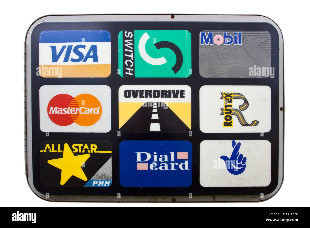Alte Garage Kreditkarte Sign Visum Schalter Mobil Mastercard overdrive Routex alle Sterne Zifferblatt-Card-Lotterie Stockfoto