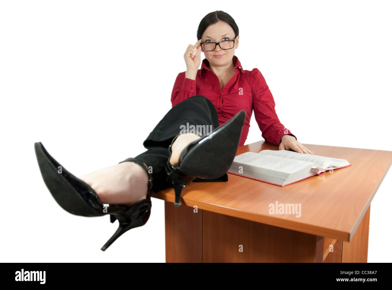 Brünette Mädchen in Brille Lehrer, Bibliothekar, strengen Stockfoto