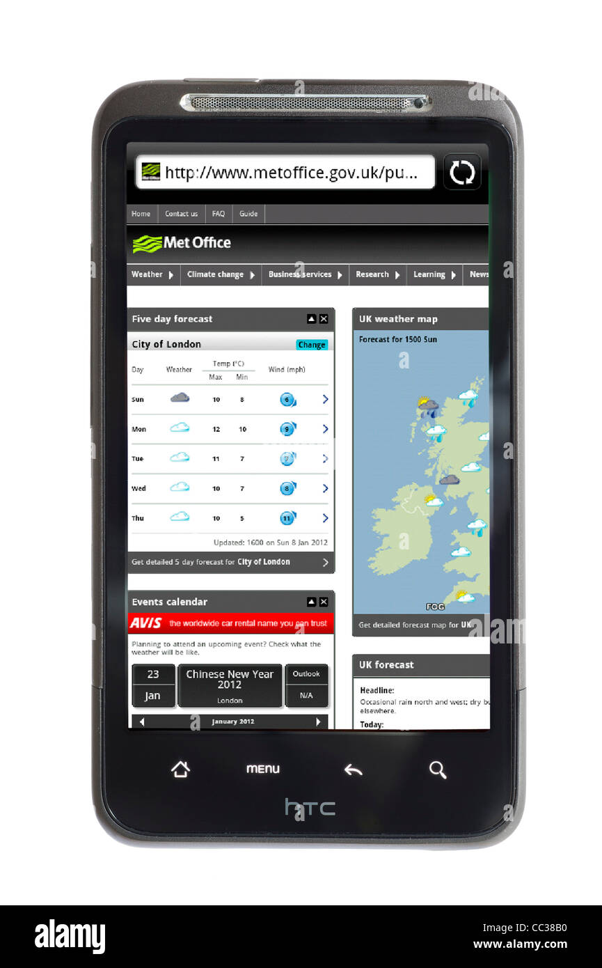 Die neue (Stand: Januar 2012) Met Office-Wetter-Website auf einem HTC-smartphone Stockfoto