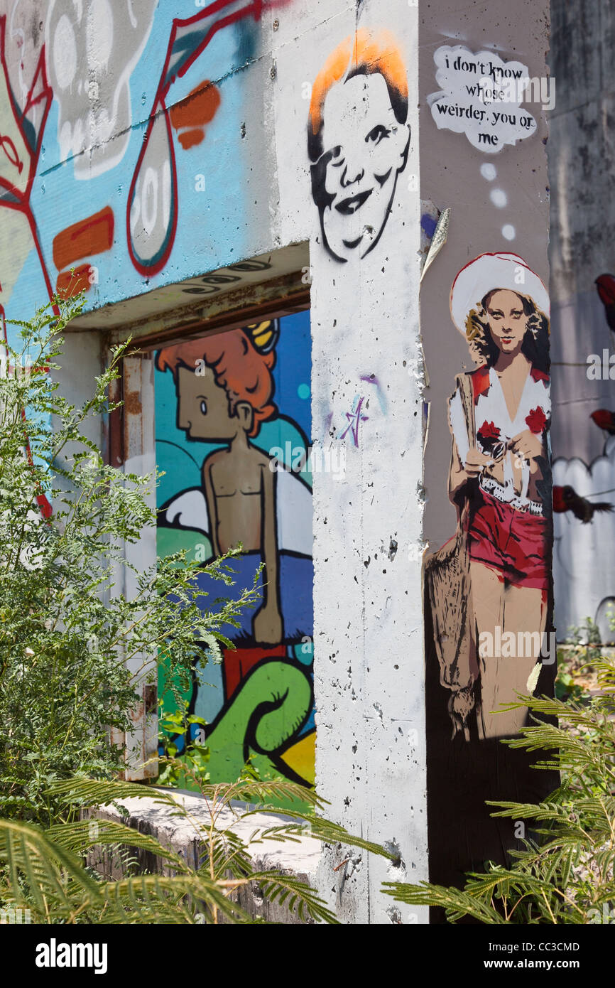 Graffiti in Austin, Texas in den Ruinen der Burg-Berg-Stiftung Stockfoto