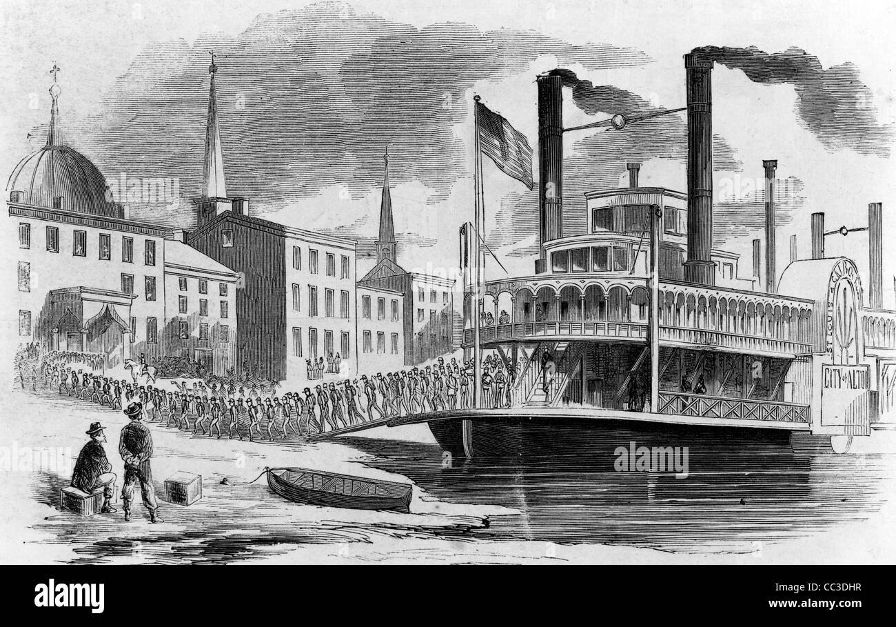 Ankunft des zwanzig - zweite Indiana Freiwilligen, Oberst j.c. Davis, in St. Louis, Missouri - Soldaten aussteigen Dampfschiff - USA Bürgerkrieg 1861 Stockfoto