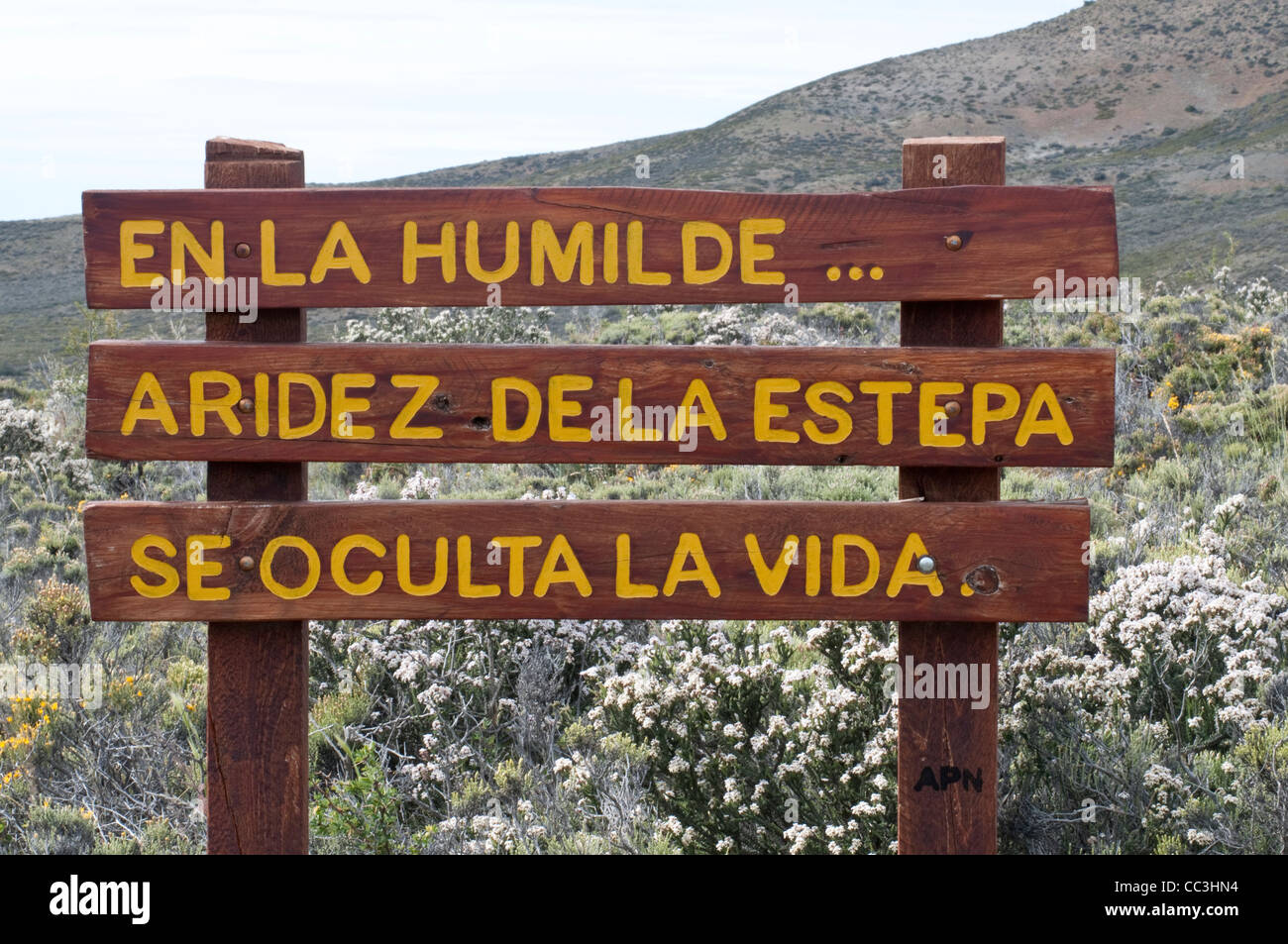 Schild mit Text Massage "En la Humilde... Aridez De La Estepa Se versteckte la Vida "In den demütigen... Trockenen Steppe versteckt Leben... Stockfoto