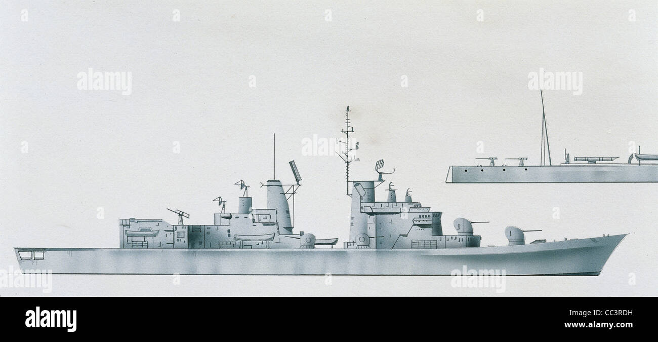 -Italienische Marine - Schiffe Audace-Klasse Zerstörer (1971). Zeichnung Stockfoto