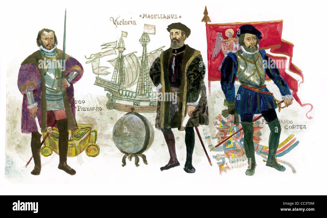 Entdecker, 15. und 16. Jahrhundert. Francisco Pizarro (Spanien, ca. 1475-1541), Ferdinand Magellan (Portugal, 1480-1521) und Hernando Stockfoto