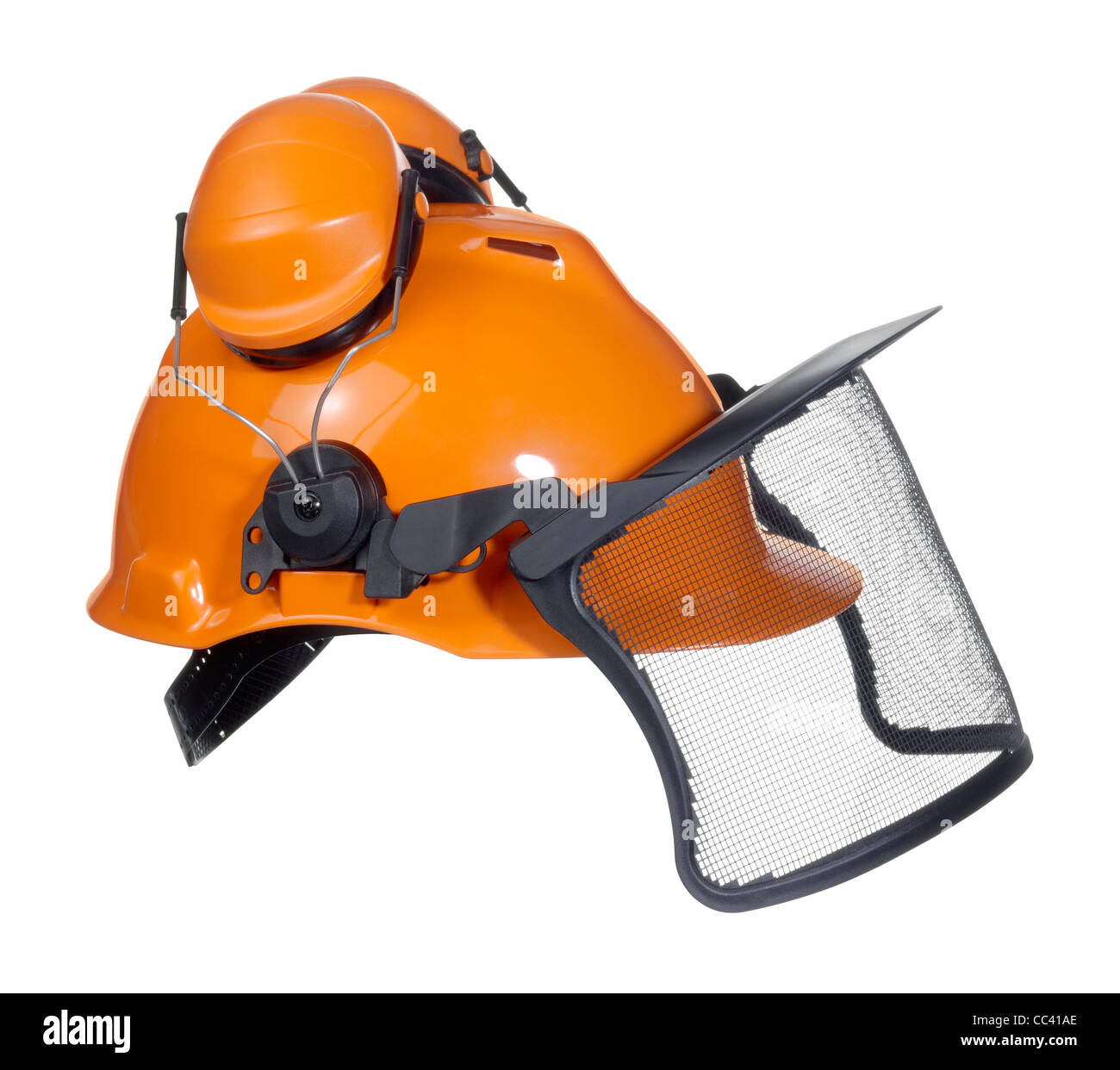 eine orange Helm mit Ohr und Gesichtsschutz. Studio in weißen Rücken geschossen Stockfoto