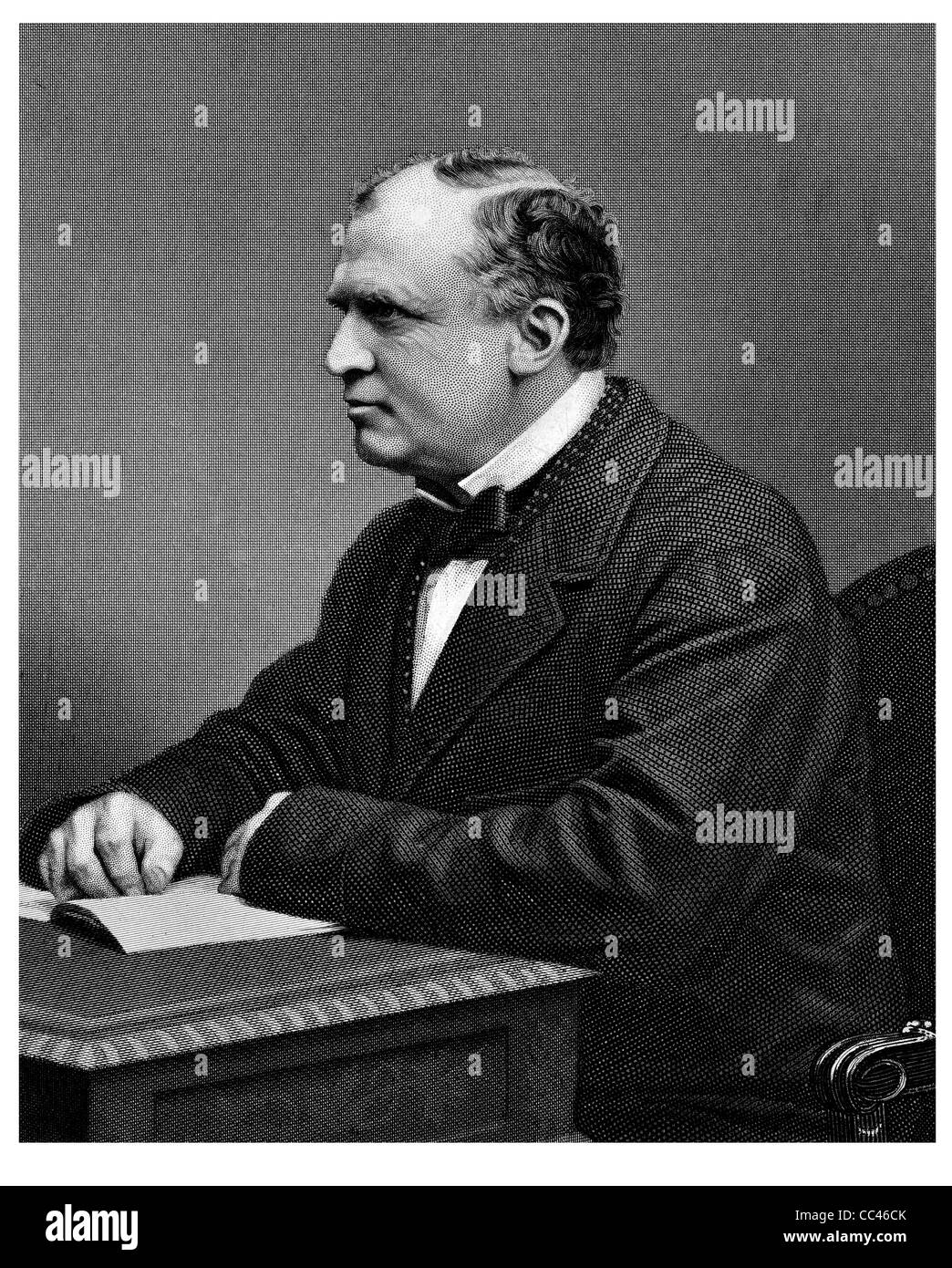 Lord Edward Henry Stanley 15. Earl of Derby 1826 1893 britischer Staatsmann Sekretär auswärtige Angelegenheiten Büroschreibtisch lesen sitzen Stockfoto