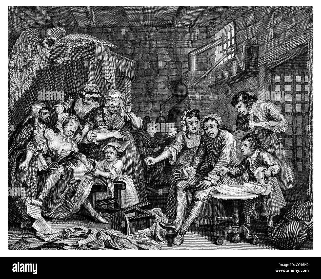 Die Rakes Progress Gefängnis Szene der Werke von Hogarth veröffentlicht London 1833 Stockfoto