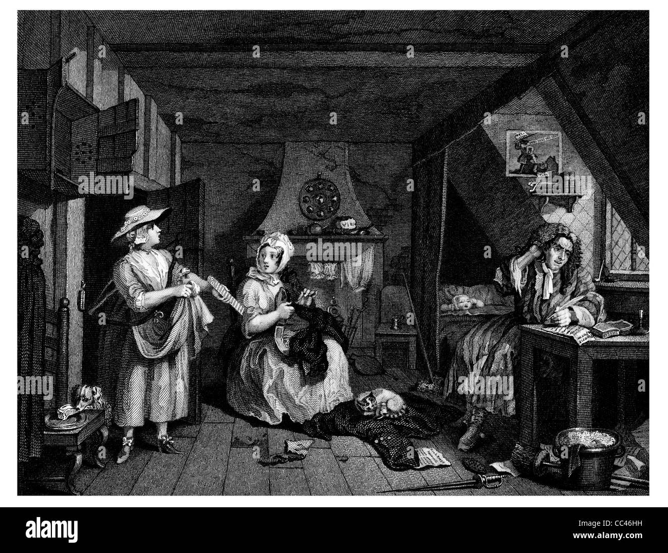 Hogarth die notleidende Dichter Dachgeschoss Zimmer Schreibtisch starrte auf Papier Schriftsteller Milchmädchen Schulden Sammlung Feuer Ort Büro arbeiten schreiben Stockfoto