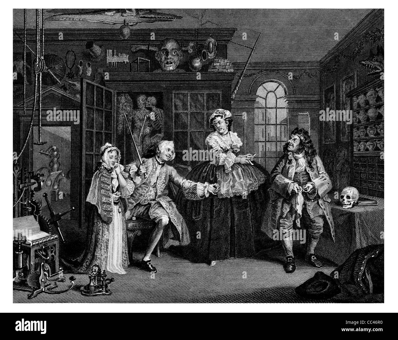 Ehe a la Mode-Szene mit der Quacksalber aus dem ursprünglichen Bild von Hogarth von Werken von Hogarth veröffentlicht London 1833 Stockfoto