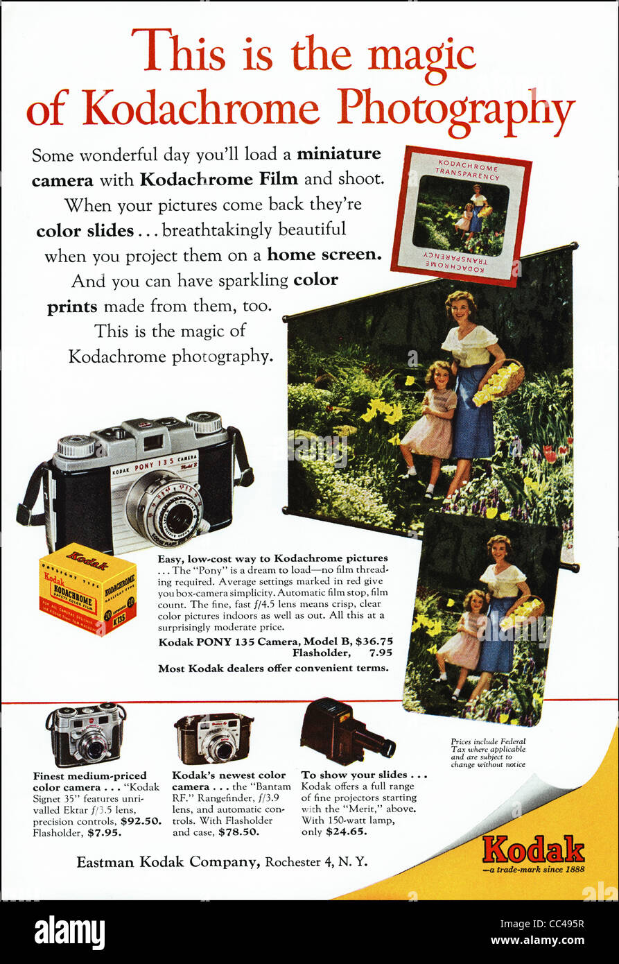 KODAK KODACHROME Dia Farbfilm im amerikanischen Magazin ca. 1954 Werbung Anzeige Stockfoto