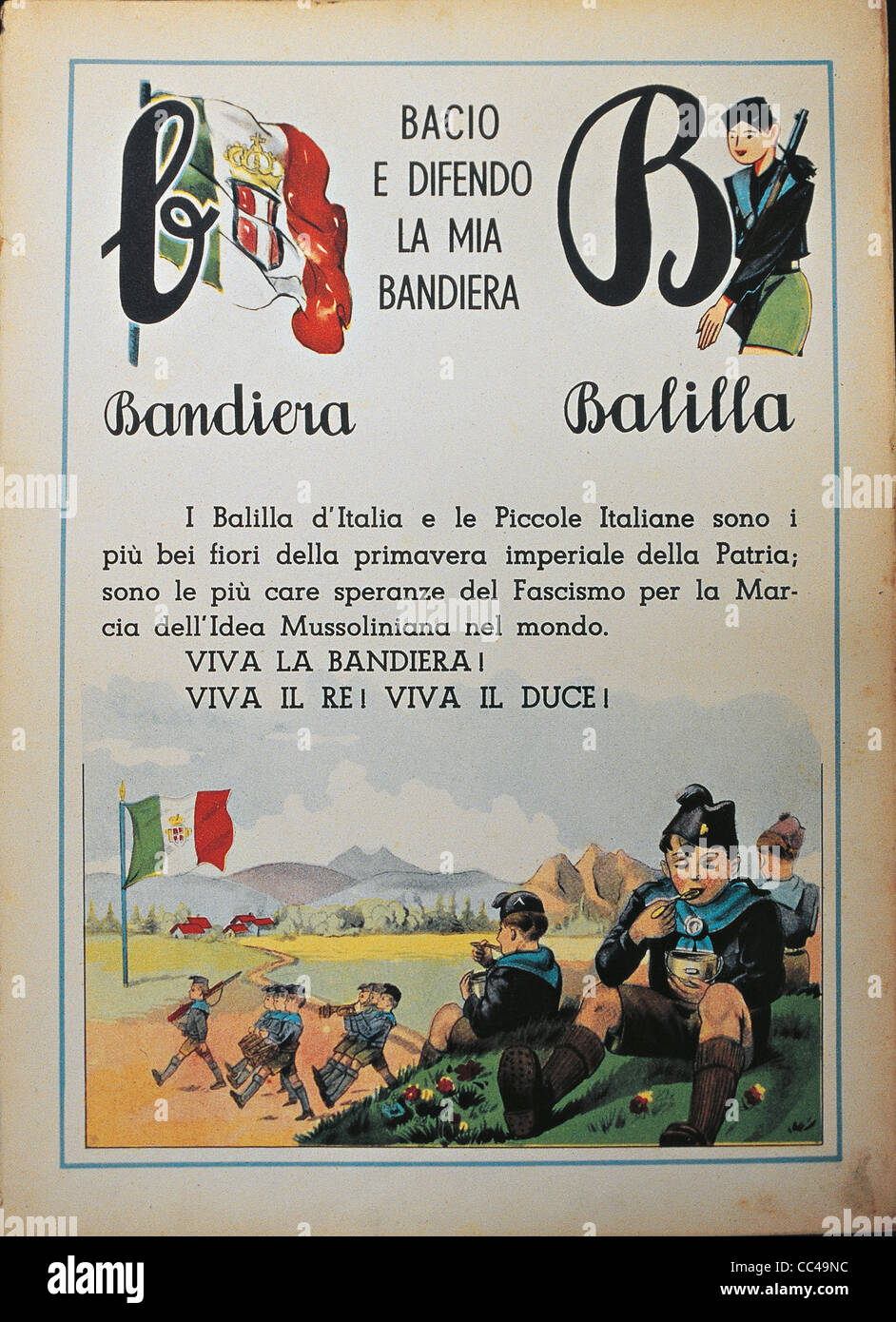 Erste Seite Italien des 20. Jahrhunderts Abbecedario Balilla B b als faschistisches Regime Flagge Seite Stockfoto